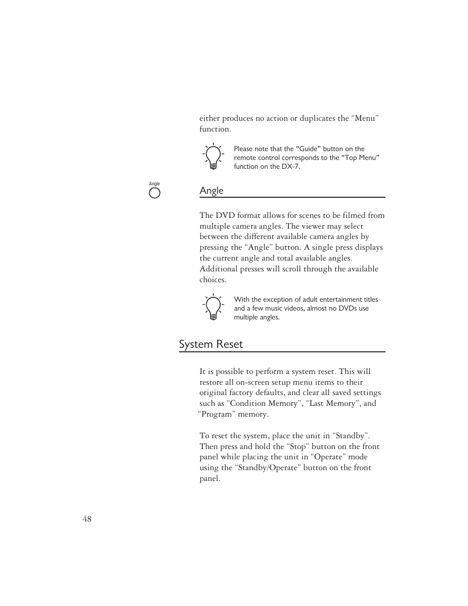 System reset, Angle | Ayre Acoustics DX-7 User Manual | Page 50 / 88