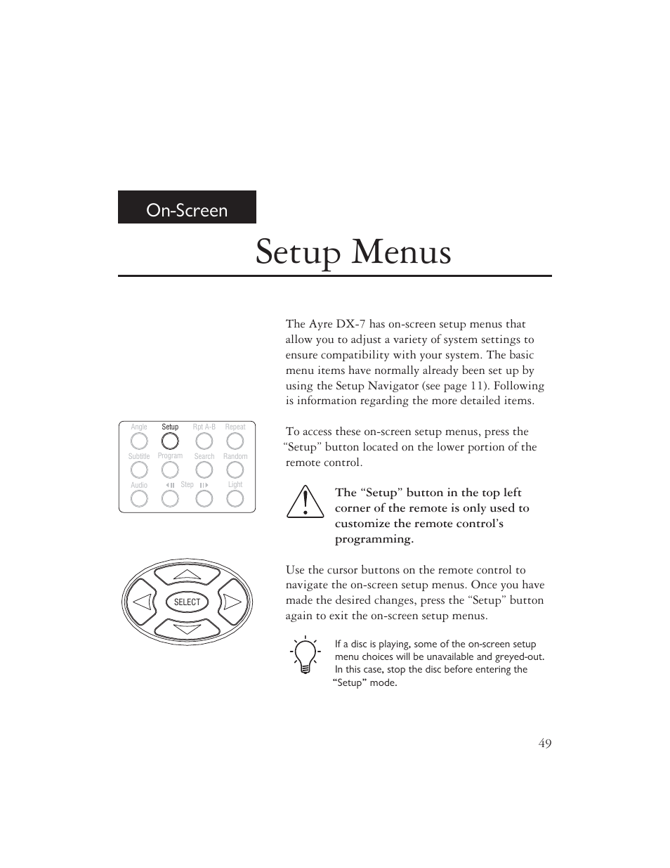 Setup menus, On-screen | Ayre Acoustics DX-7 User Manual | Page 51 / 88