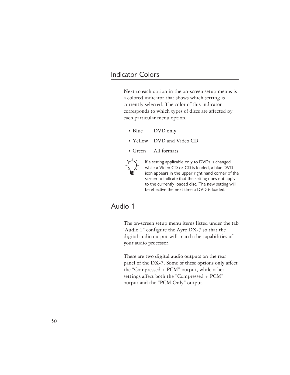 Indicator colors, Audio 1 | Ayre Acoustics DX-7 User Manual | Page 52 / 88