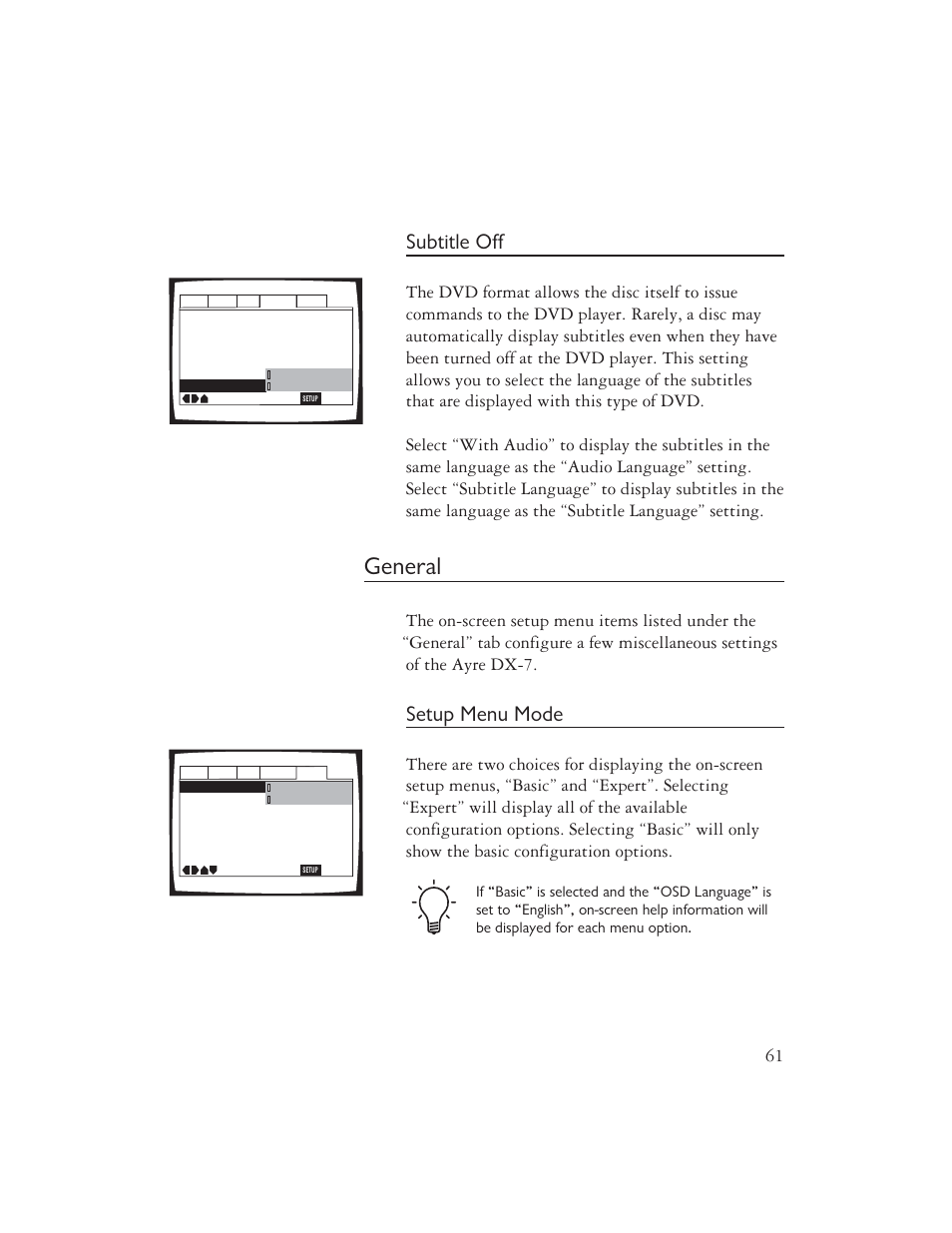 General, Subtitle off, Setup menu mode | Ayre Acoustics DX-7 User Manual | Page 63 / 88