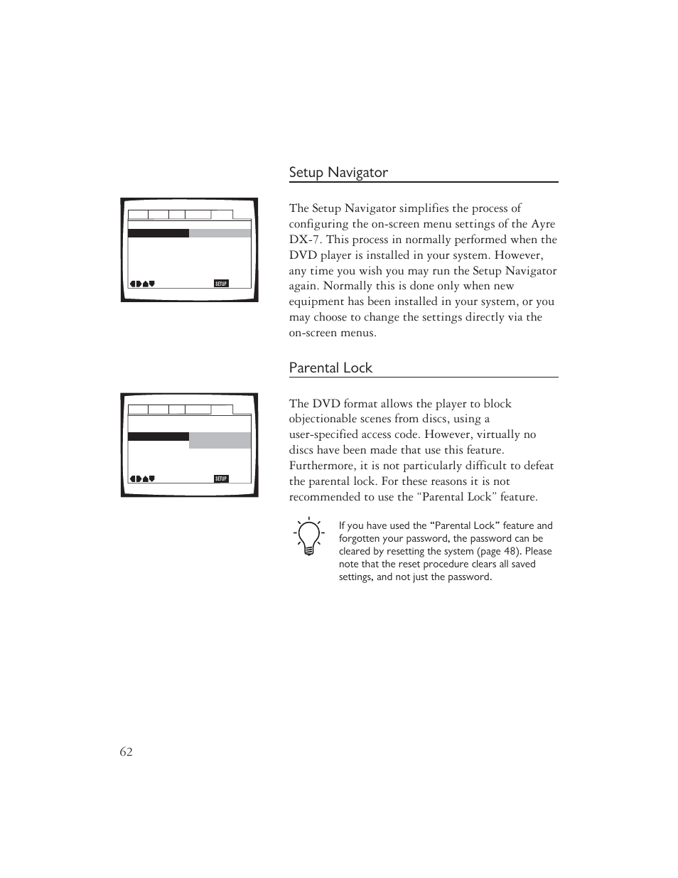 Setup navigator, Parental lock | Ayre Acoustics DX-7 User Manual | Page 64 / 88