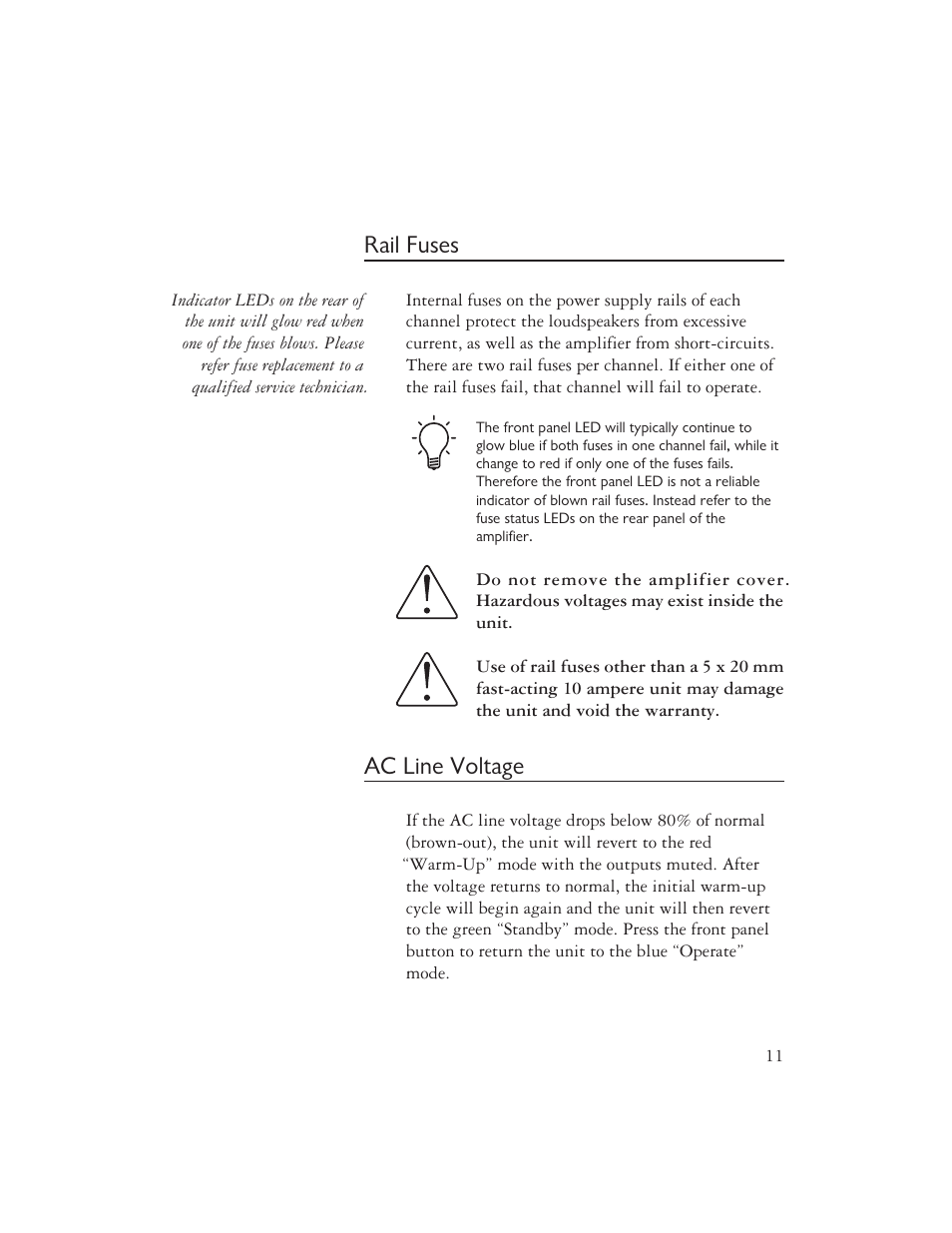 Rail fuses, Ac line voltage | Ayre Acoustics V-6xe User Manual | Page 13 / 20