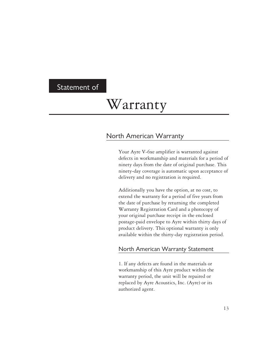 Warranty | Ayre Acoustics V-6xe User Manual | Page 15 / 20