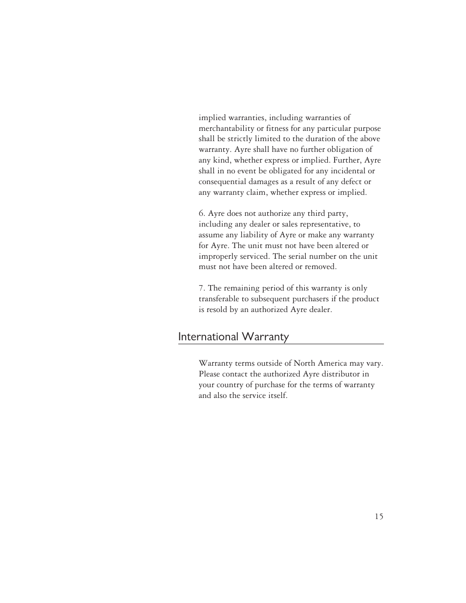 International warranty | Ayre Acoustics V-6xe User Manual | Page 17 / 20