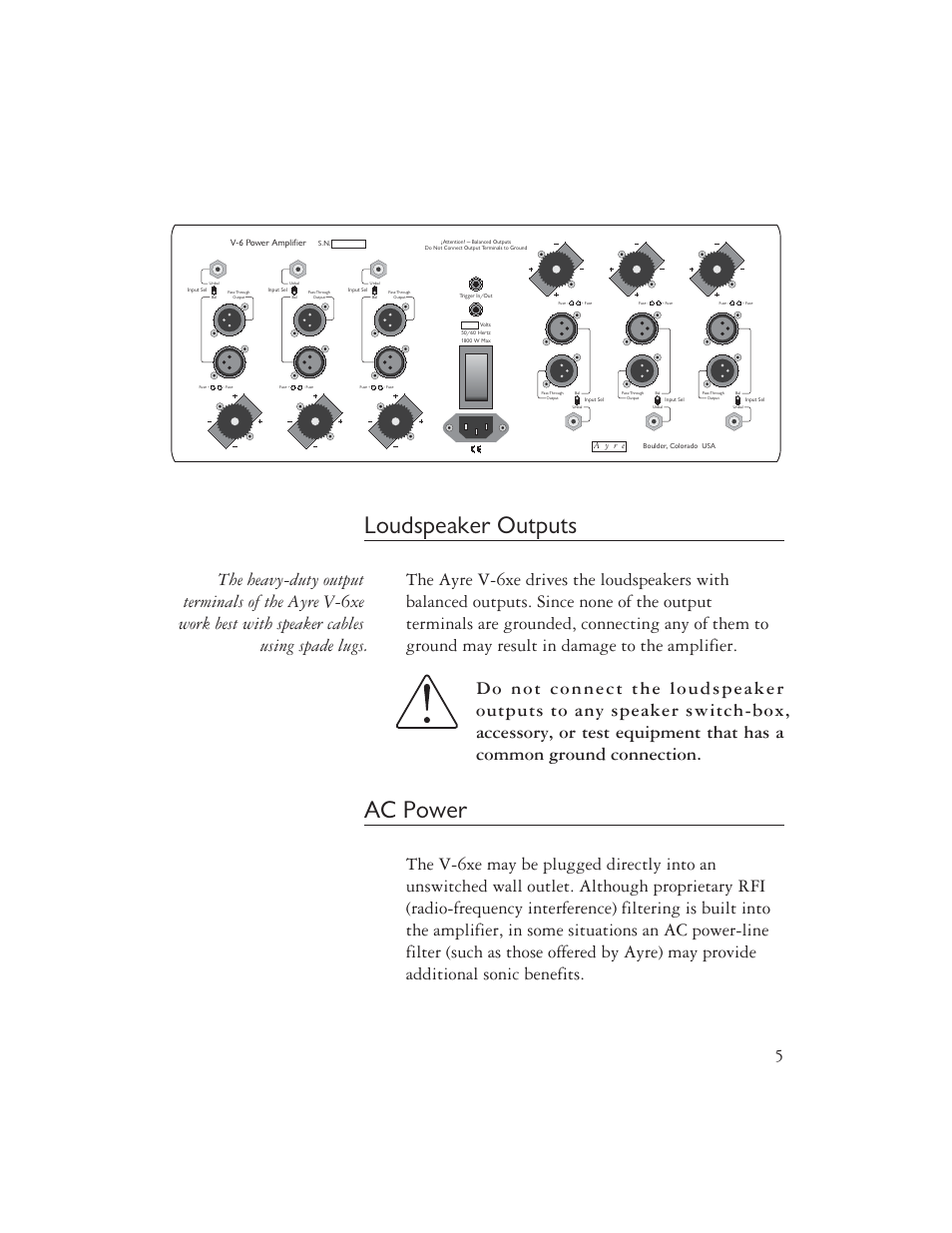 Loudspeaker outputs, Ac power | Ayre Acoustics V-6xe User Manual | Page 7 / 20