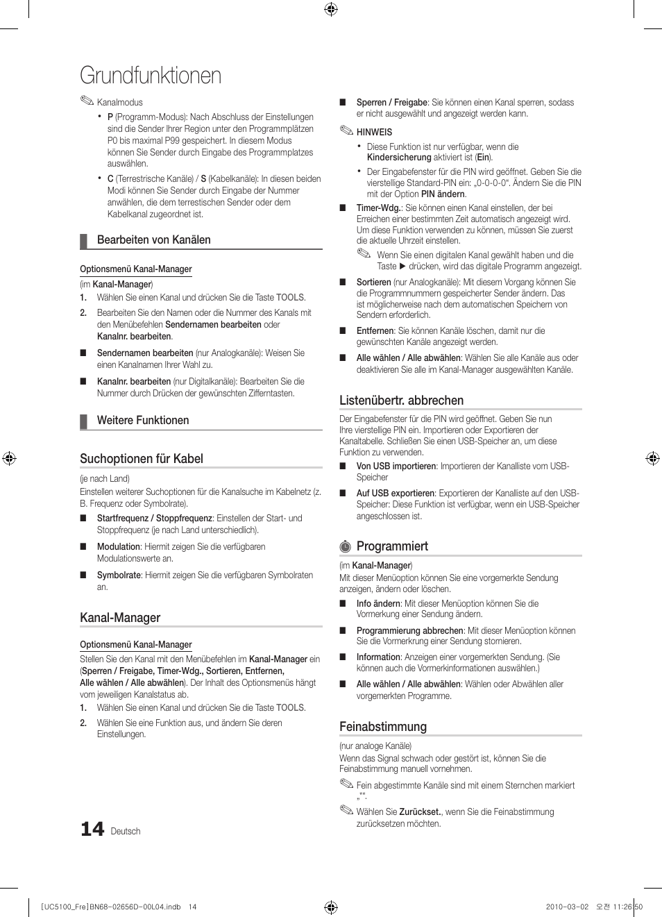 Grundfunktionen, Suchoptionen für kabel, Kanal-manager | Listenübertr. abbrechen, Programmiert, Feinabstimmung | Samsung UE37C5100QW User Manual | Page 114 / 201