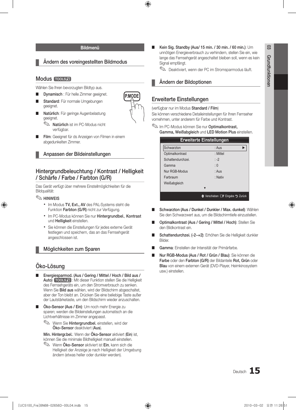 Modus, Öko-lösung, Erweiterte einstellungen | Samsung UE37C5100QW User Manual | Page 115 / 201