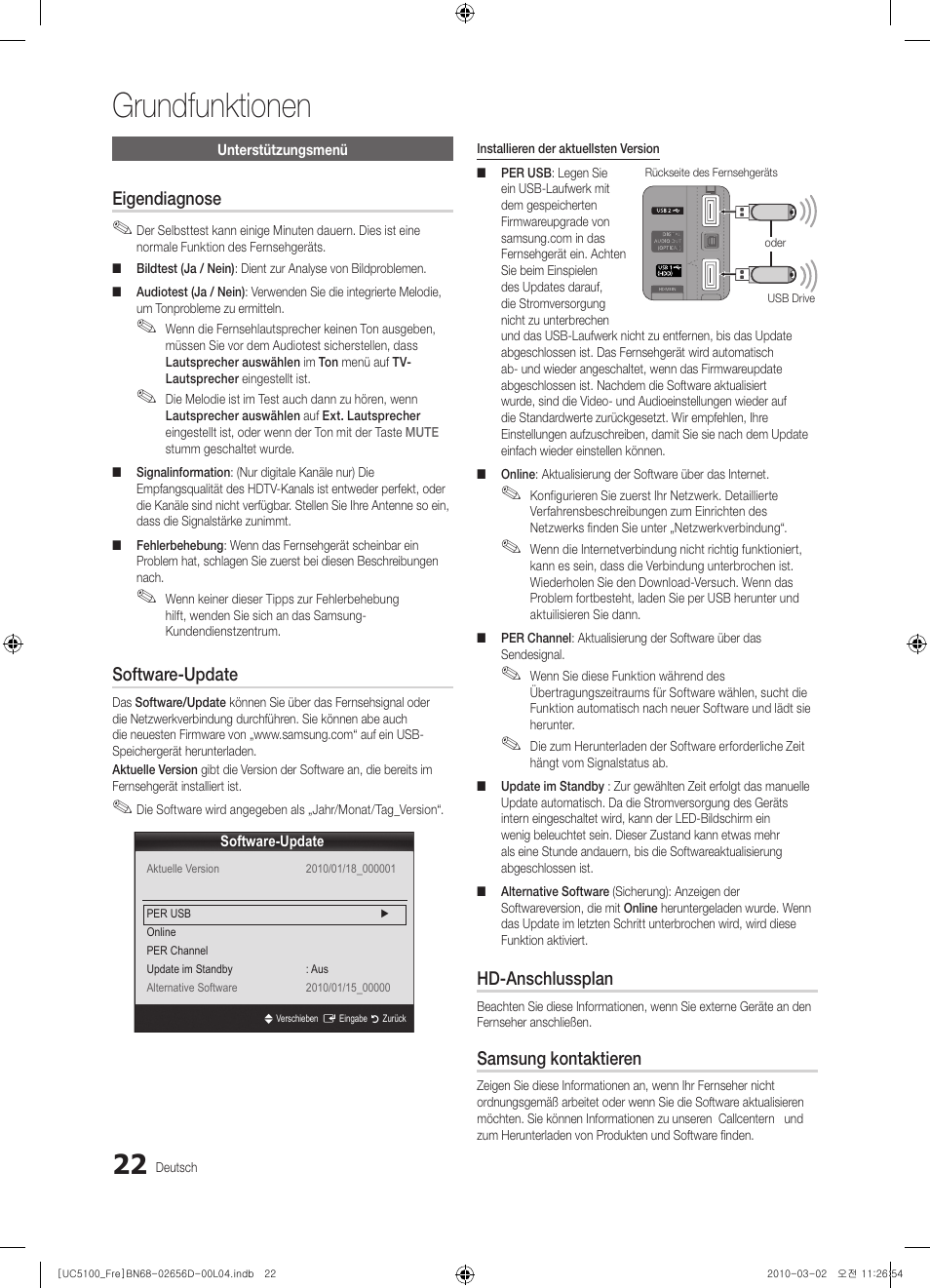Grundfunktionen, Eigendiagnose, Software-update | Hd-anschlussplan, Samsung kontaktieren | Samsung UE37C5100QW User Manual | Page 122 / 201