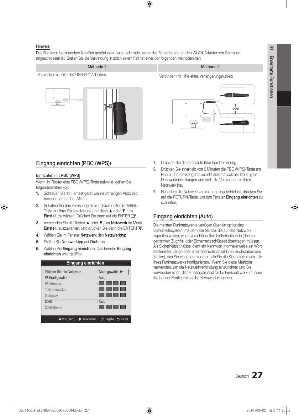 Eingang einrichten (pbc (wps)), Eingang einrichten (auto) | Samsung UE37C5100QW User Manual | Page 127 / 201