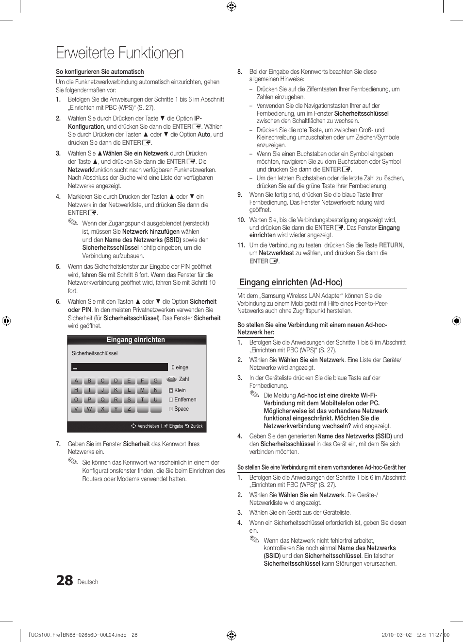 Erweiterte funktionen, Eingang einrichten (ad-hoc) | Samsung UE37C5100QW User Manual | Page 128 / 201