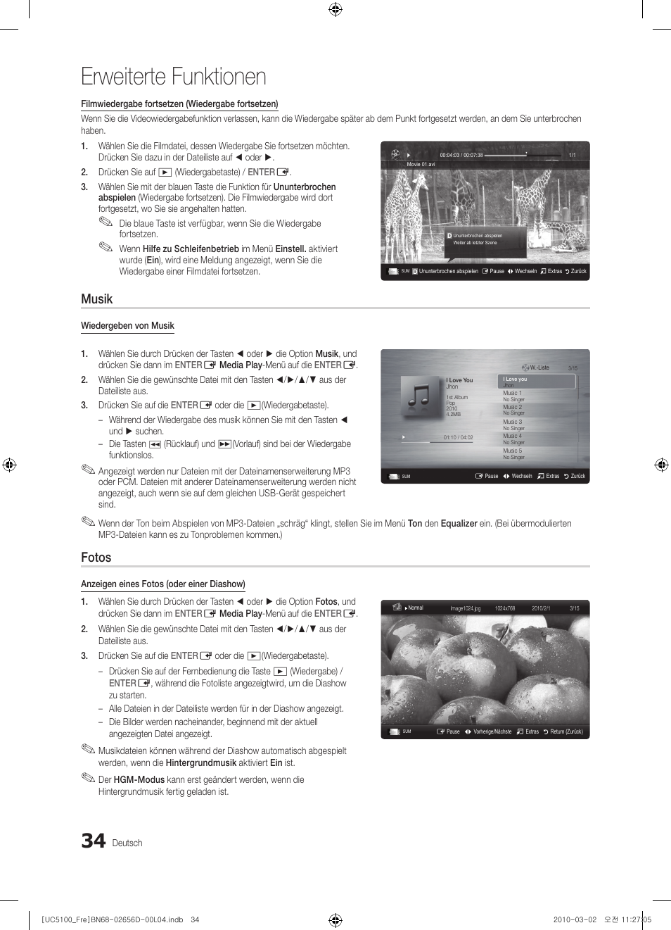 Erweiterte funktionen, Musik, Fotos | Samsung UE37C5100QW User Manual | Page 134 / 201