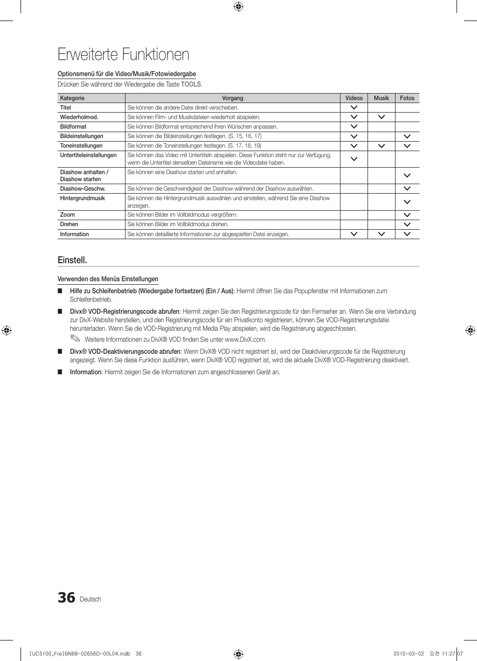 Erweiterte funktionen, Einstell | Samsung UE37C5100QW User Manual | Page 136 / 201
