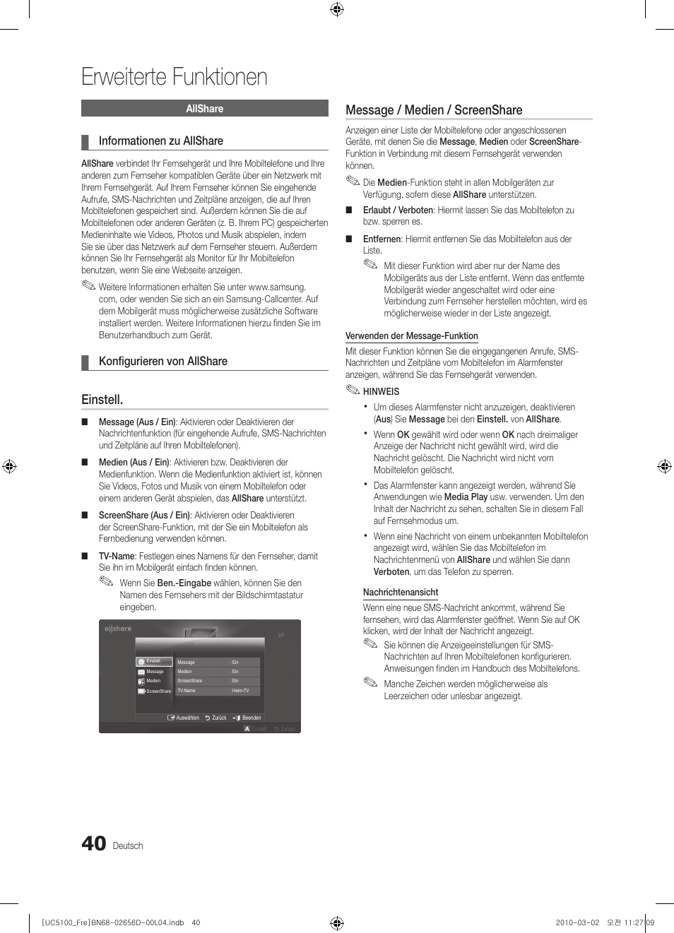 Erweiterte funktionen, Einstell, Message / medien / screenshare | Samsung UE37C5100QW User Manual | Page 140 / 201