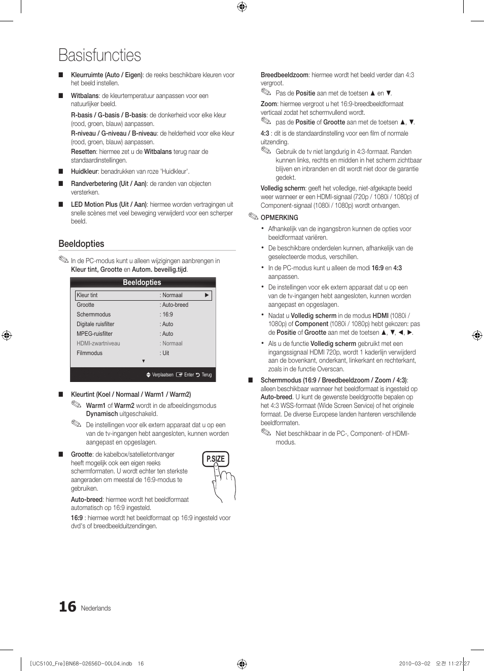 Basisfuncties, Beeldopties | Samsung UE37C5100QW User Manual | Page 166 / 201