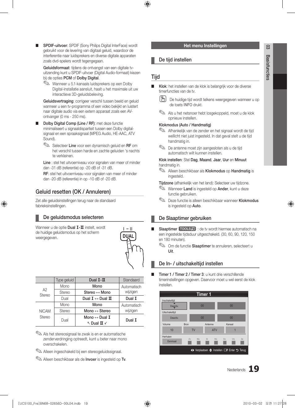 Geluid resetten (ok / annuleren), Tijd | Samsung UE37C5100QW User Manual | Page 169 / 201