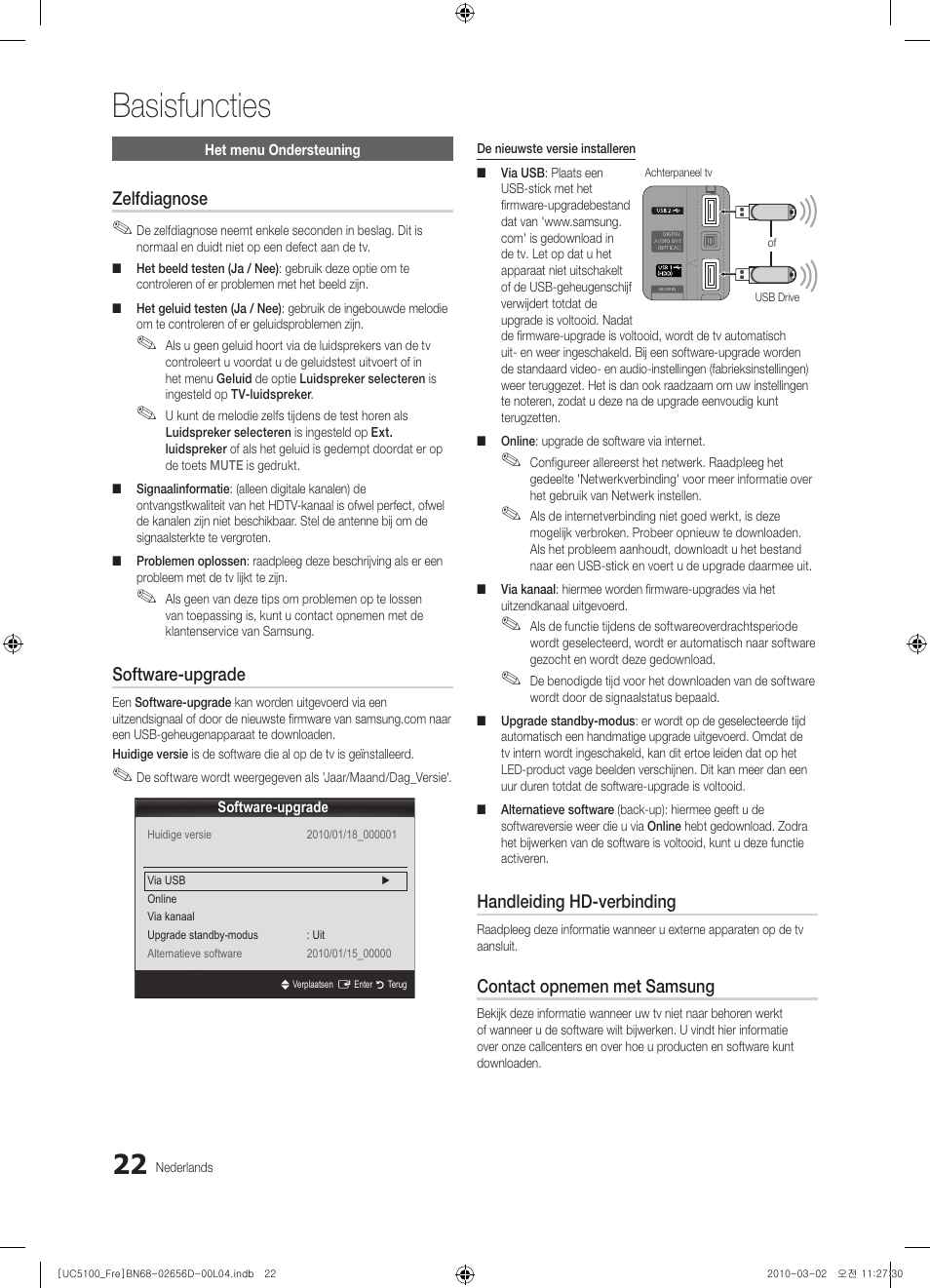 Basisfuncties, Zelfdiagnose, Software-upgrade | Handleiding hd-verbinding, Contact opnemen met samsung | Samsung UE37C5100QW User Manual | Page 172 / 201