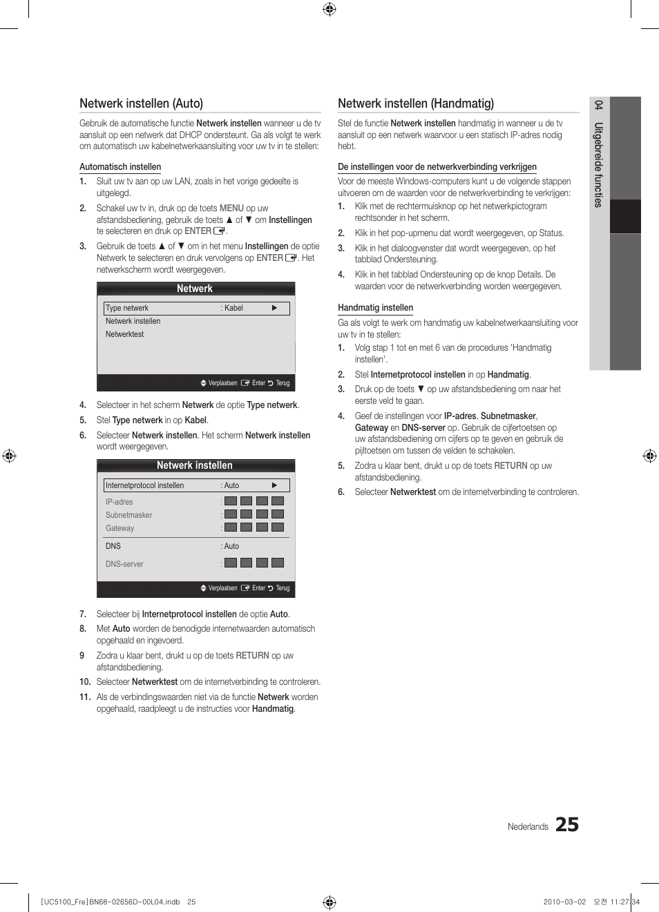 Netwerk instellen (auto), Netwerk instellen (handmatig) | Samsung UE37C5100QW User Manual | Page 175 / 201