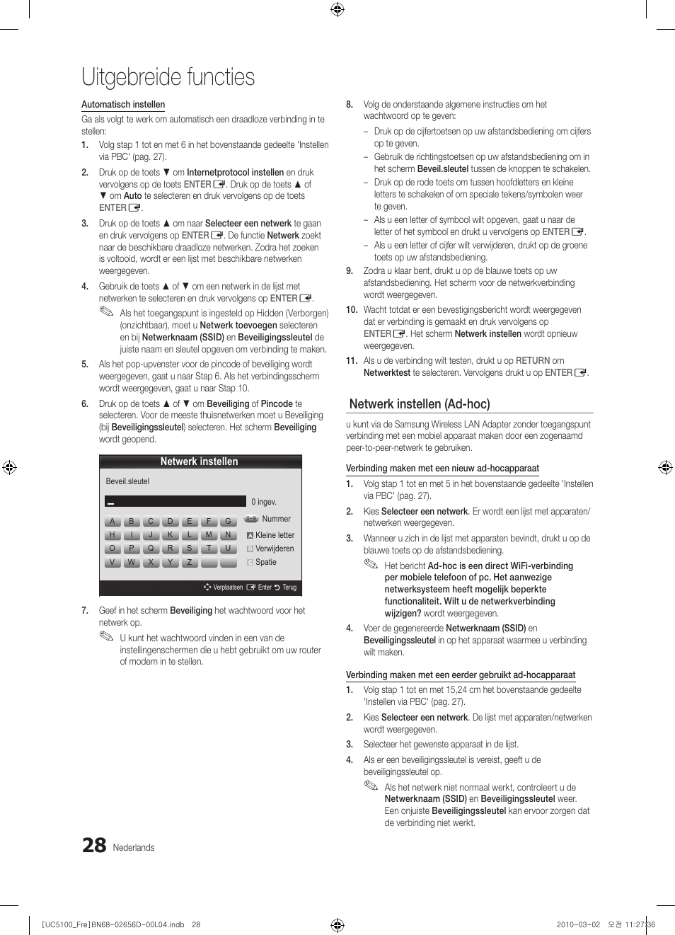 Uitgebreide functies, Netwerk instellen (ad-hoc) | Samsung UE37C5100QW User Manual | Page 178 / 201