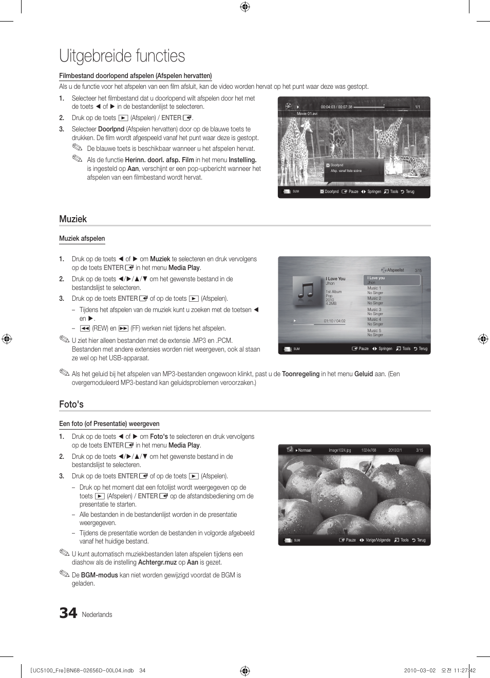 Uitgebreide functies, Muziek, Foto's | Samsung UE37C5100QW User Manual | Page 184 / 201