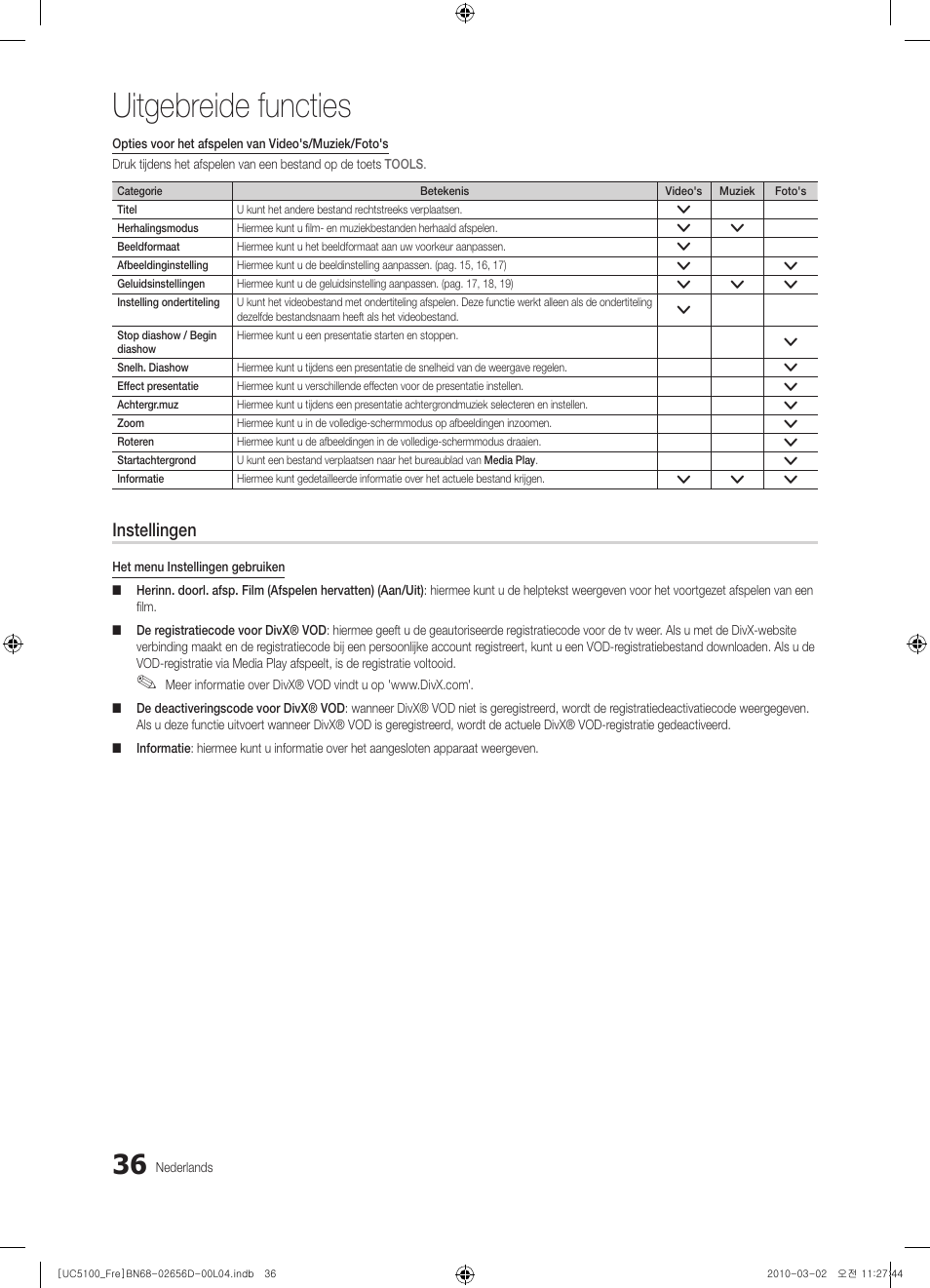 Uitgebreide functies, Instellingen | Samsung UE37C5100QW User Manual | Page 186 / 201