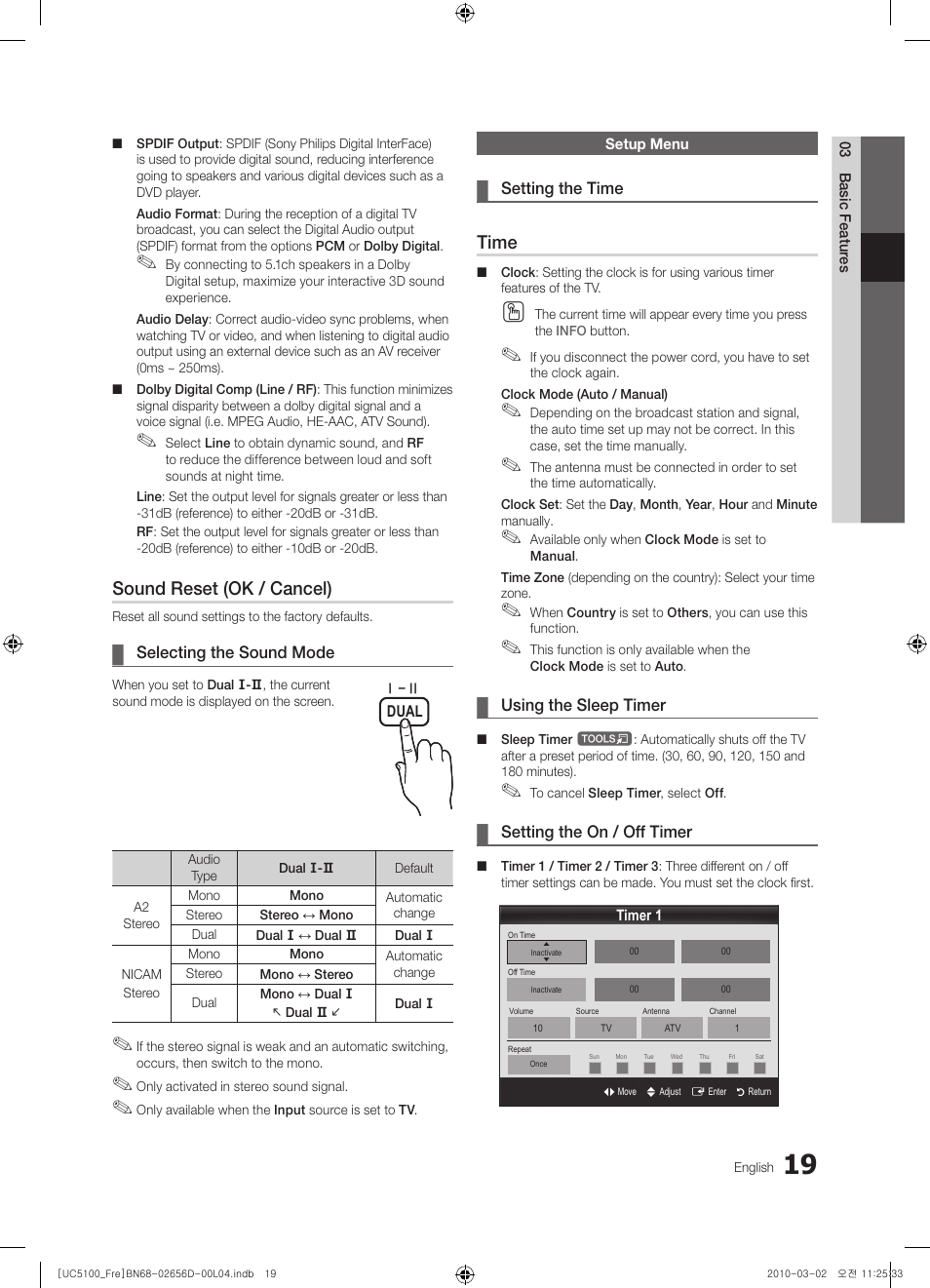 Setup menu, Sound reset (ok / cancel), Time | Samsung UE37C5100QW User Manual | Page 19 / 201