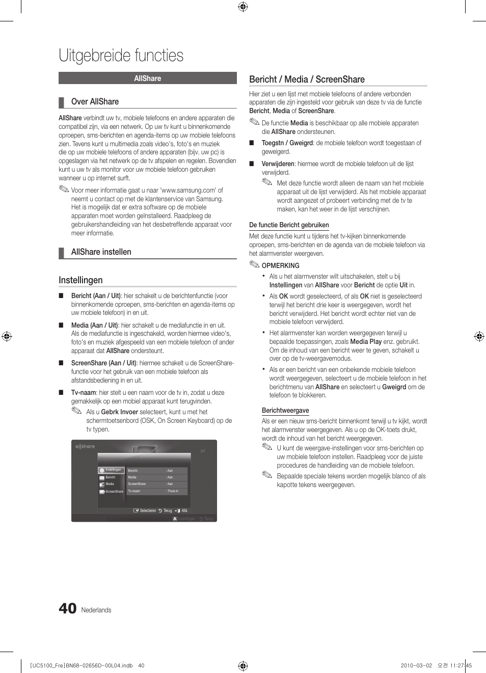 Uitgebreide functies, Instellingen, Bericht / media / screenshare | Samsung UE37C5100QW User Manual | Page 190 / 201