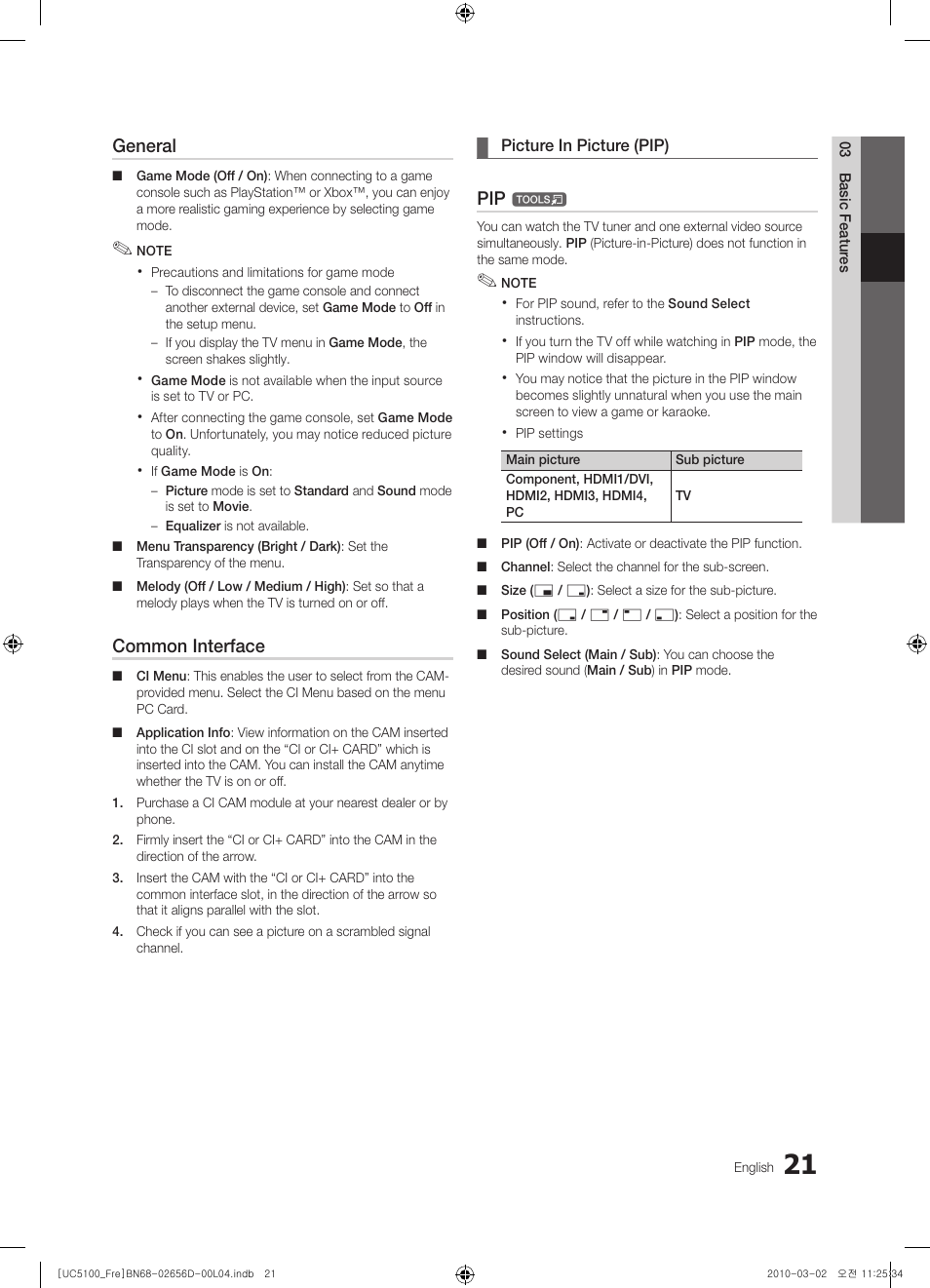 General, Common interface | Samsung UE37C5100QW User Manual | Page 21 / 201