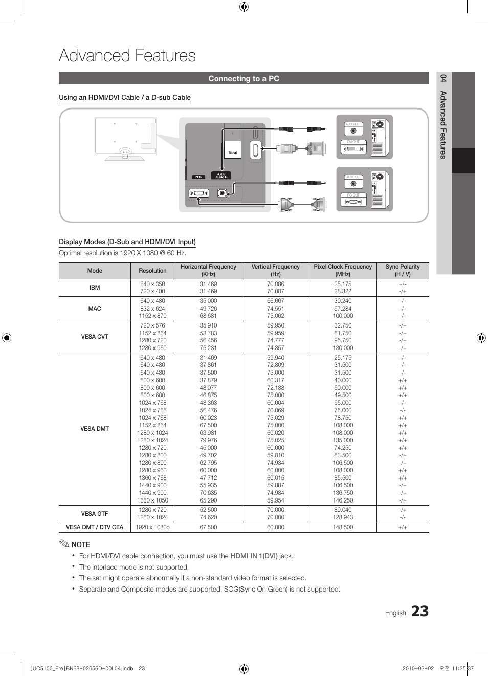 Advanced features, Connecting to a pc | Samsung UE37C5100QW User Manual | Page 23 / 201