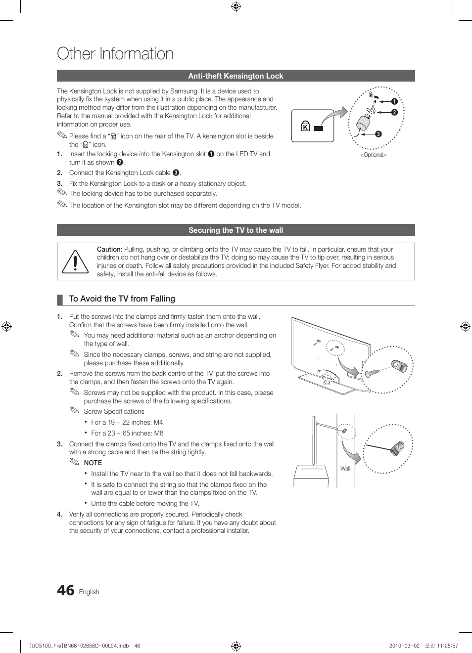 Anti-theft kensington lock, Securing the tv to the wall, Other information | Samsung UE37C5100QW User Manual | Page 46 / 201
