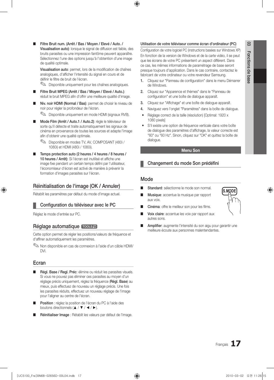 Réinitialisation de l'image (ok / annuler), Réglage automatique, Ecran | Mode | Samsung UE37C5100QW User Manual | Page 67 / 201