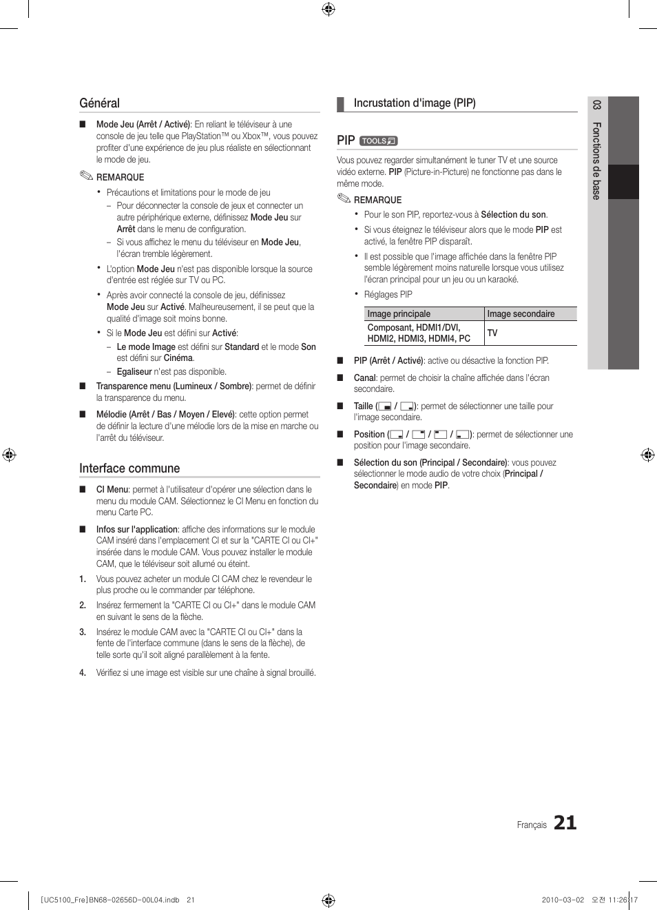 Général, Interface commune | Samsung UE37C5100QW User Manual | Page 71 / 201