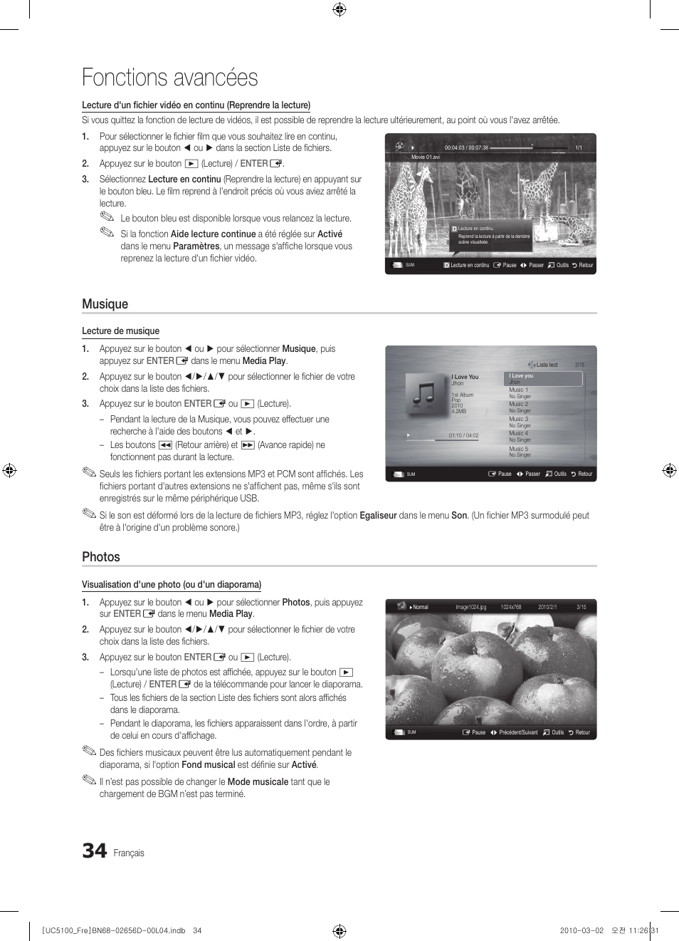 Fonctions avancées, Musique, Photos | Samsung UE37C5100QW User Manual | Page 84 / 201