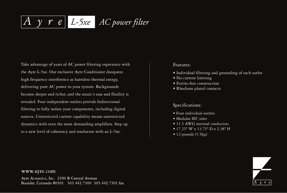 L-5xe, Ac power filter | Ayre Acoustics L-5xe User Manual | Page 2 / 2