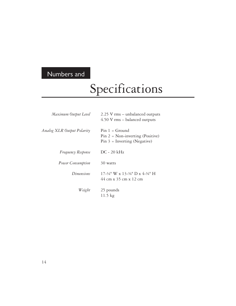Specifications, Numbers and | AYRE CX-7e User Manual | Page 16 / 24
