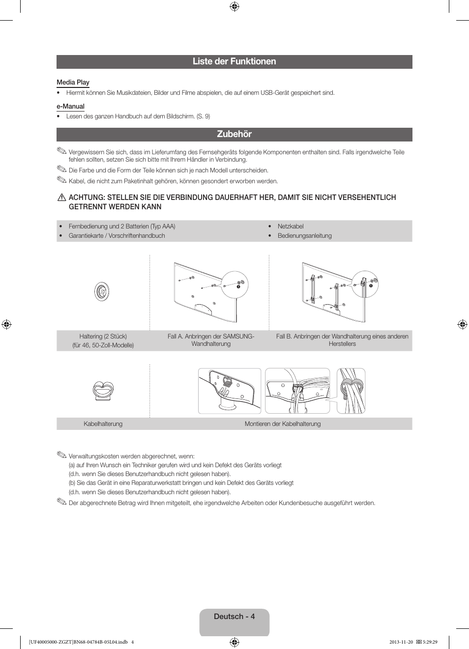 Liste der funktionen, Zubehör | Samsung UE50F5000AW User Manual | Page 22 / 75