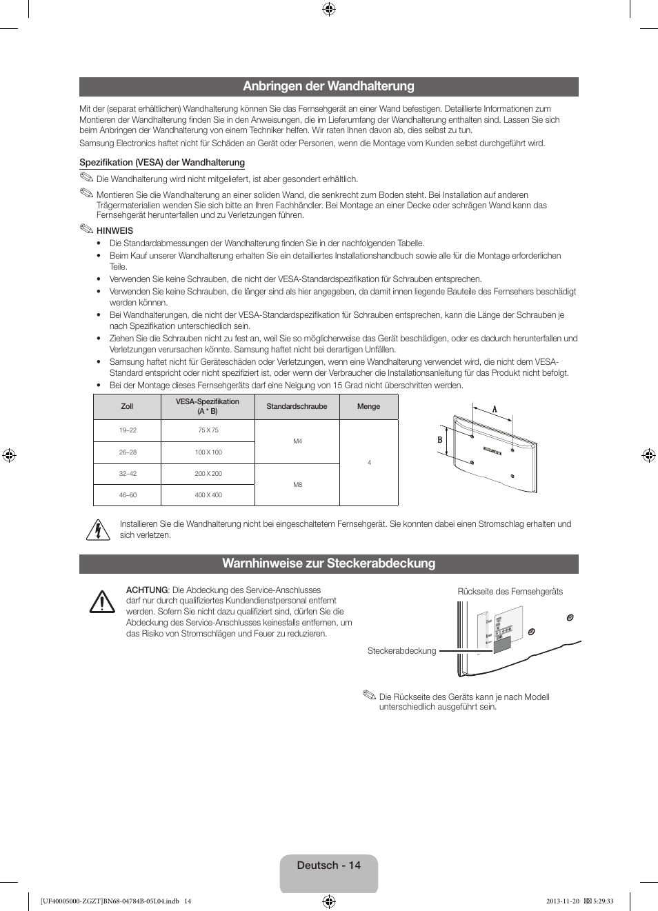 Anbringen der wandhalterung, Warnhinweise zur steckerabdeckung | Samsung UE50F5000AW User Manual | Page 32 / 75