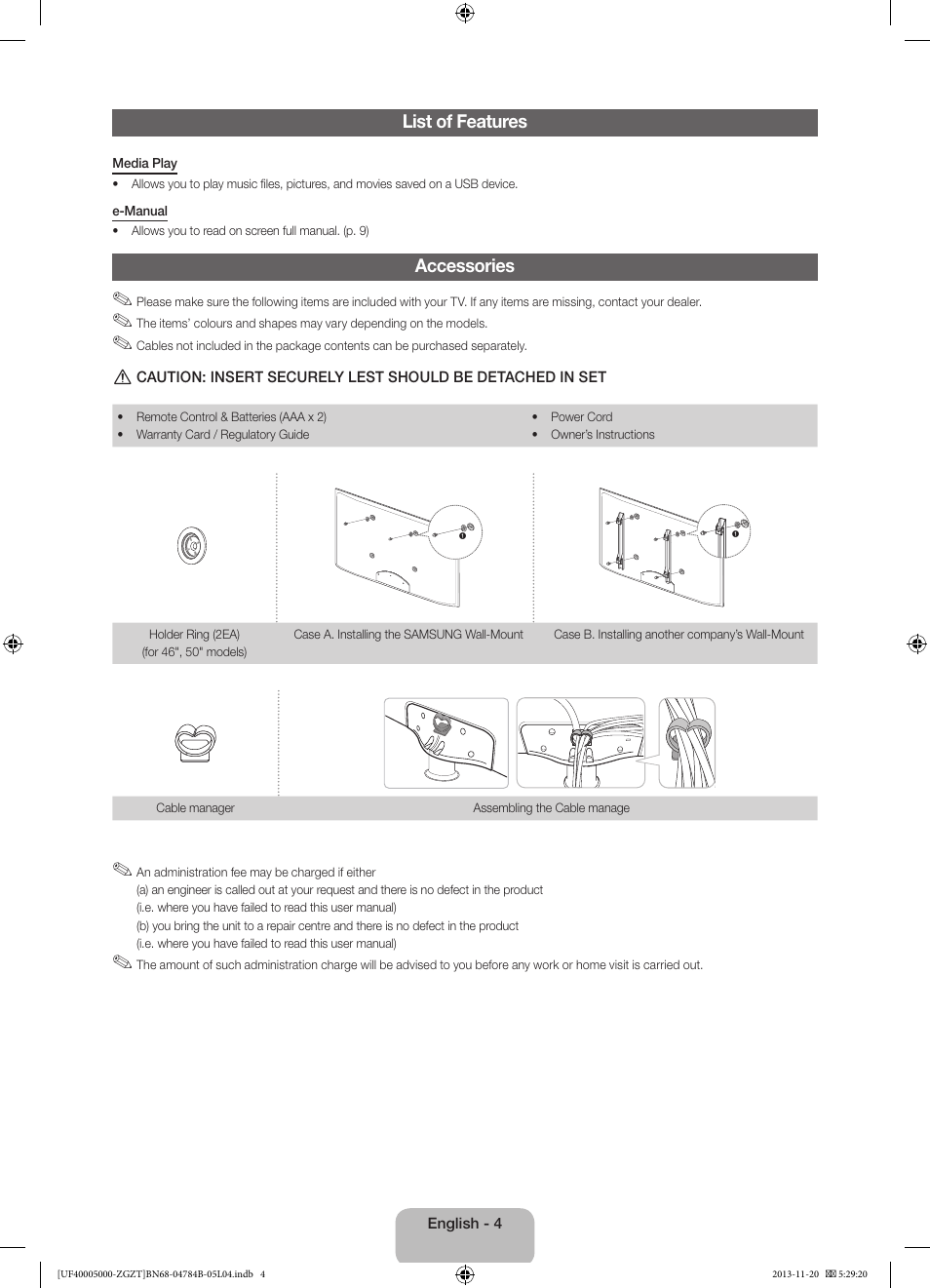 List of features, Accessories | Samsung UE50F5000AW User Manual | Page 4 / 75
