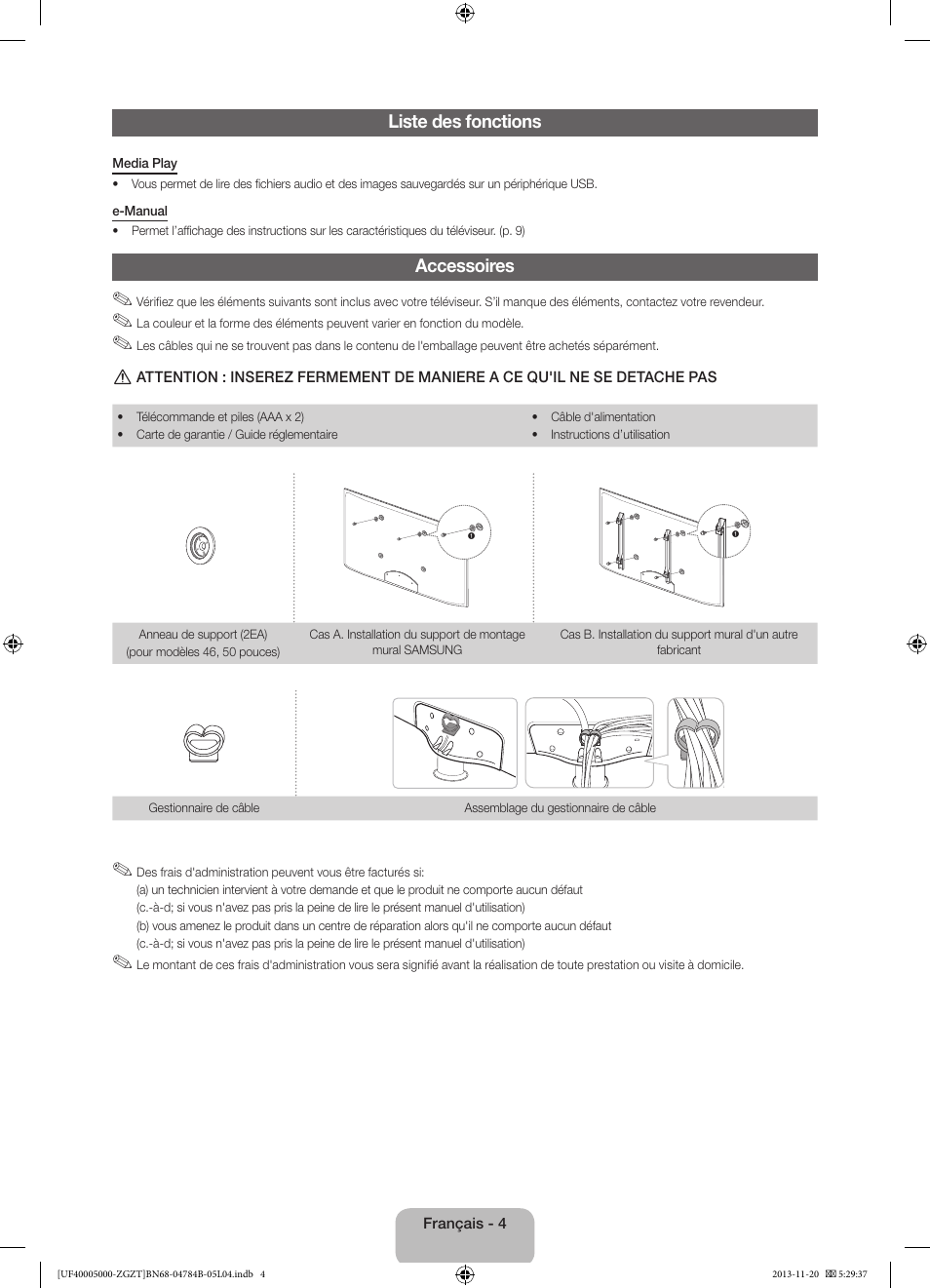 Liste des fonctions, Accessoires | Samsung UE50F5000AW User Manual | Page 40 / 75