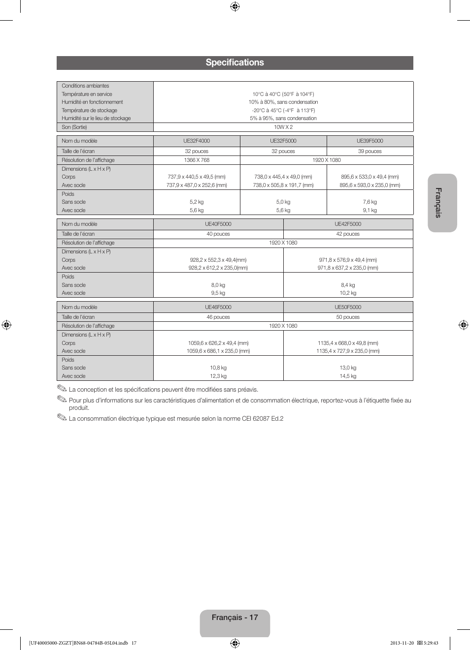 Specifications | Samsung UE50F5000AW User Manual | Page 53 / 75