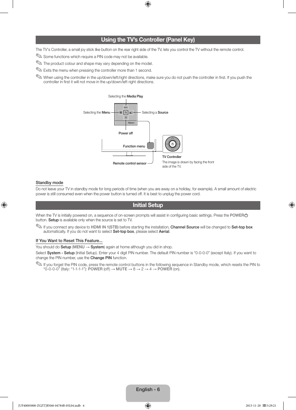 Using the tv’s controller (panel key), Initial setup | Samsung UE50F5000AW User Manual | Page 6 / 75