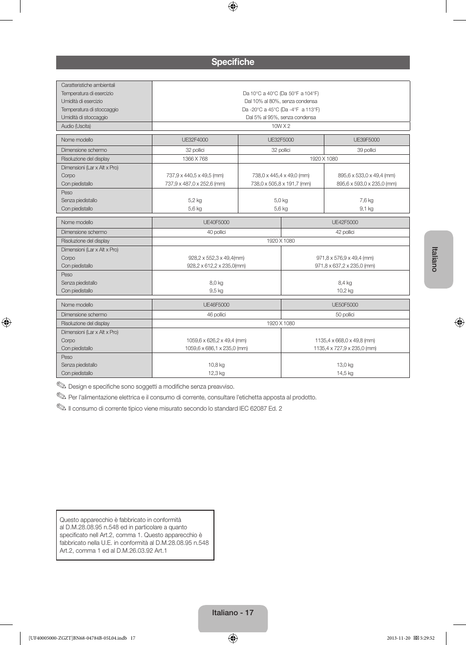 Specifiche | Samsung UE50F5000AW User Manual | Page 71 / 75