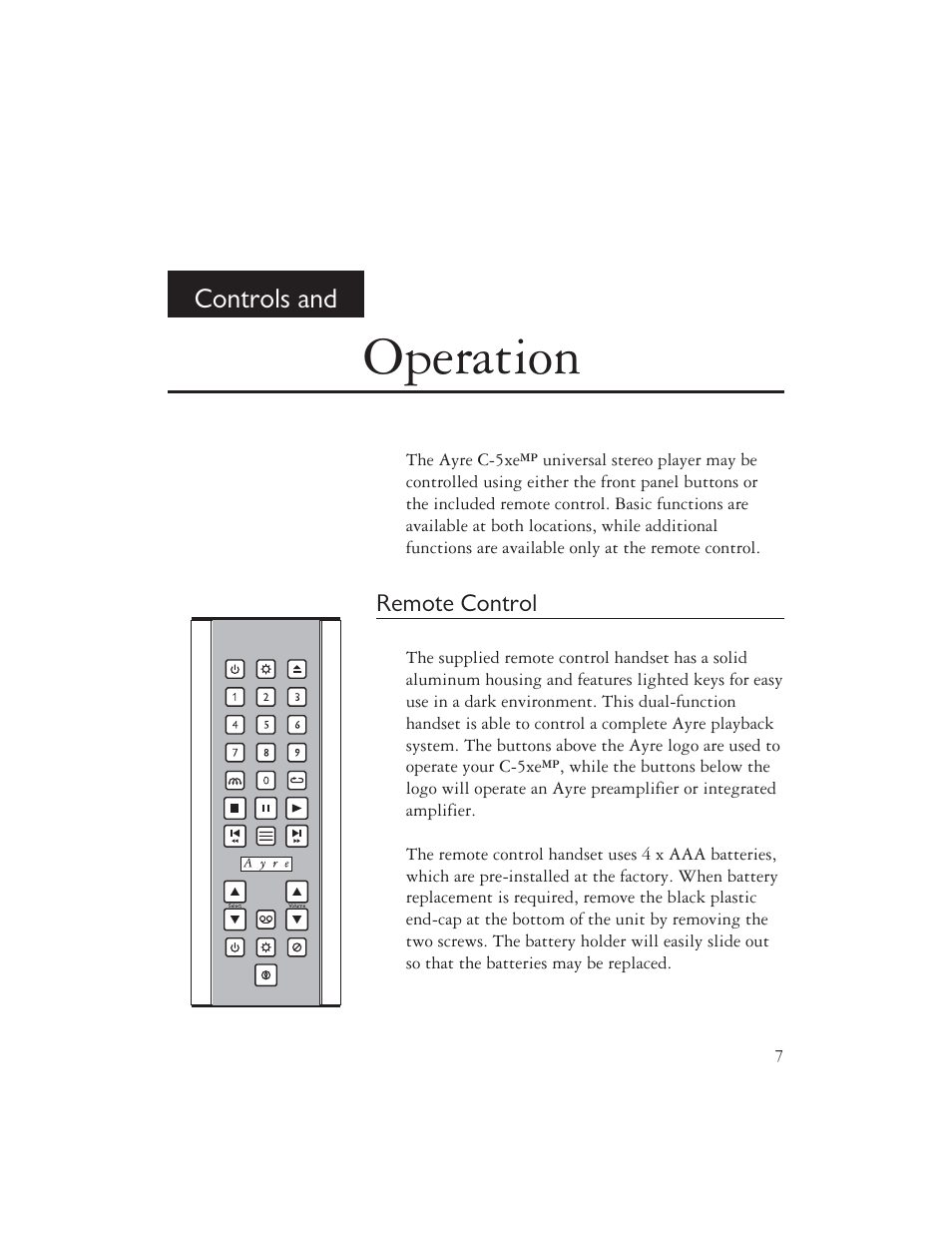 Operation, Controls and | AYRE C-5xe User Manual | Page 9 / 40