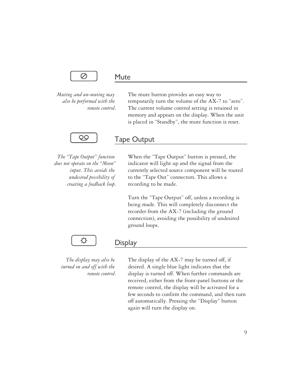 Mute, Tape output, Display | Ayre Acoustics AX-7 User Manual | Page 11 / 20