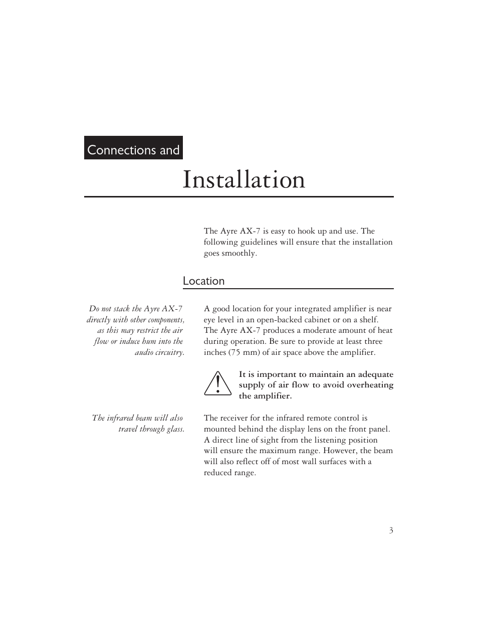 Installation, Connections and | Ayre Acoustics AX-7 User Manual | Page 5 / 20