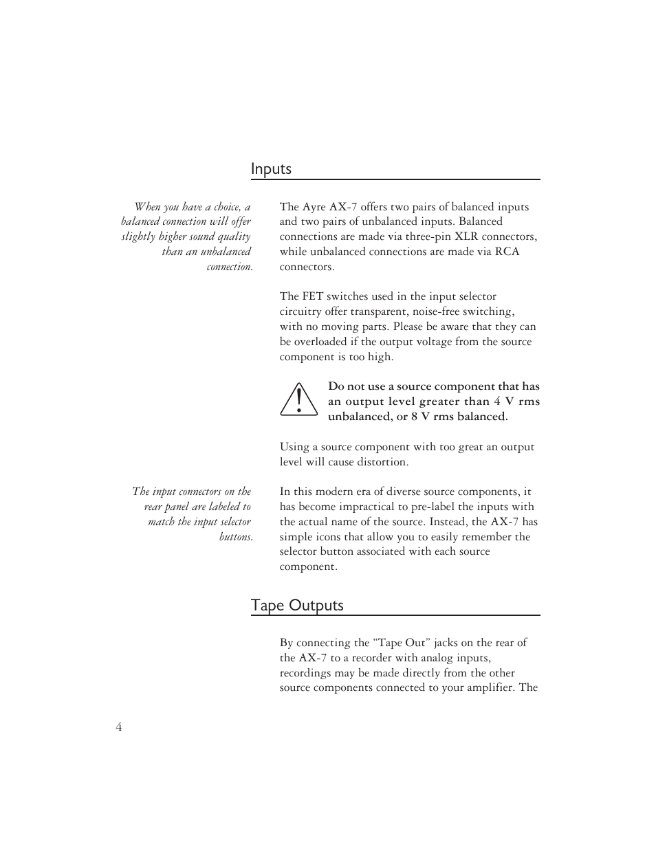 Inputs, Tape outputs | Ayre Acoustics AX-7 User Manual | Page 6 / 20