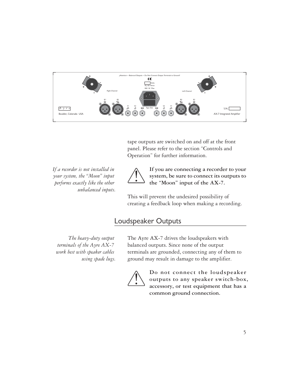 Loudspeaker outputs | Ayre Acoustics AX-7 User Manual | Page 7 / 20