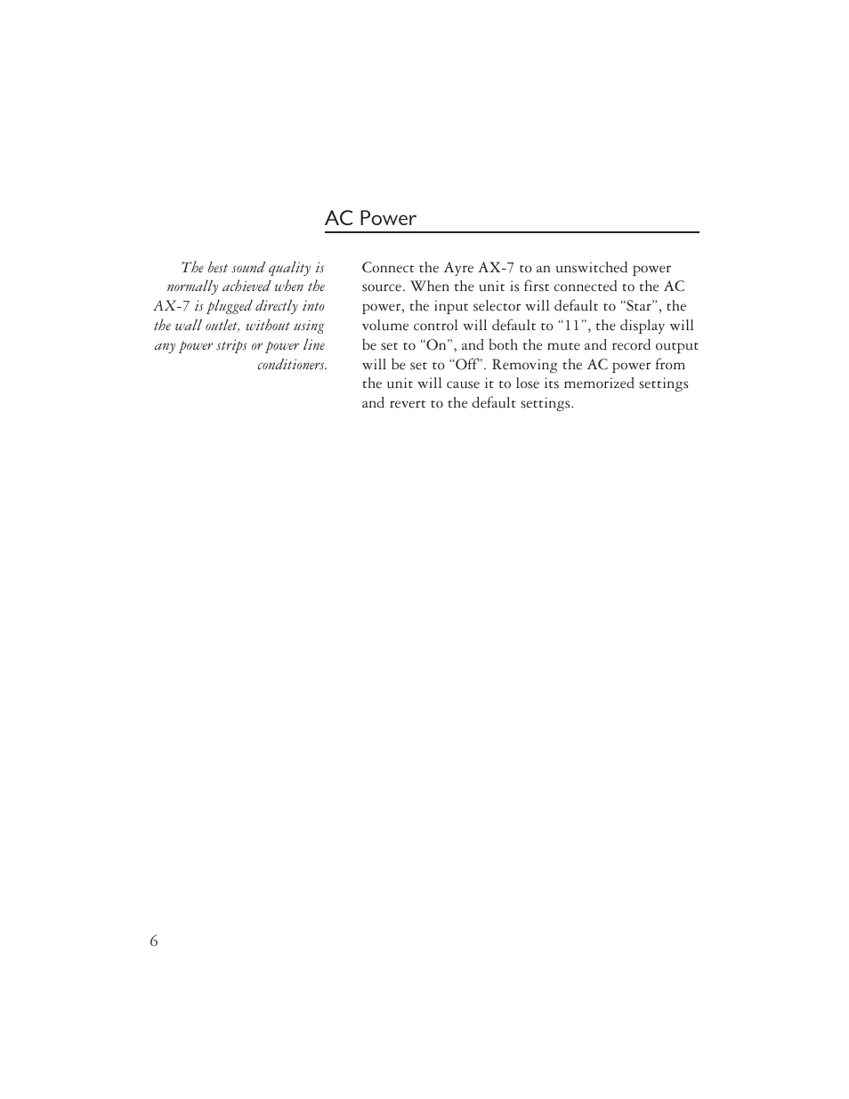 Ac power | Ayre Acoustics AX-7 User Manual | Page 8 / 20