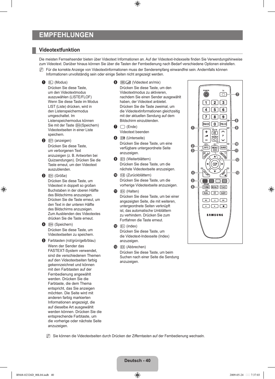 Empfehlungen, Videotextfunktion | Samsung LE46B620R3P User Manual | Page 102 / 204