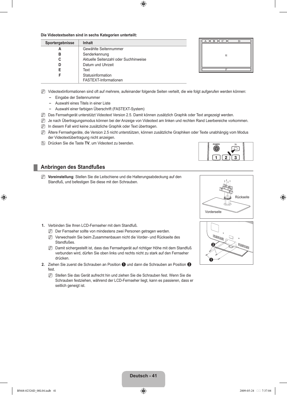 Anbringen des standfußes | Samsung LE46B620R3P User Manual | Page 103 / 204