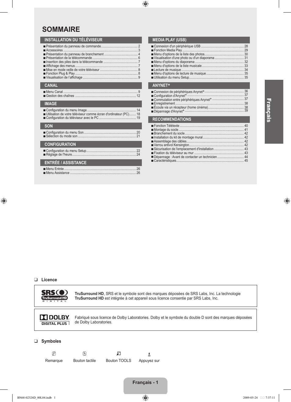 Sommaire, Fr ançais | Samsung LE46B620R3P User Manual | Page 109 / 204